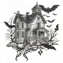 A haunted schoolhouse with ghostly figures and bats flying around tattoo design idea