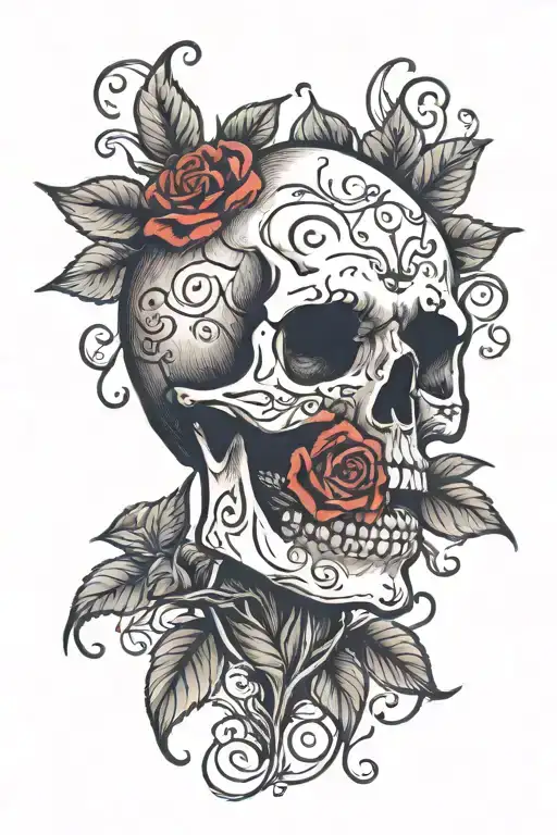 skull with a rose growing out its mouth open tattoo design idea