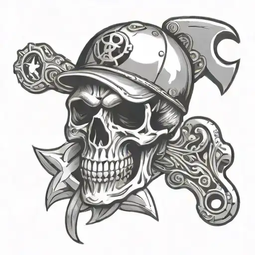 skull with wrench and torch crossed together representing tattoo design idea