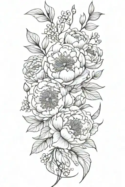Flower, leaves, peony, buds, berry clusters, detailed petals, line work, shading, black and gray, forearm, floral arrang tattoo design idea