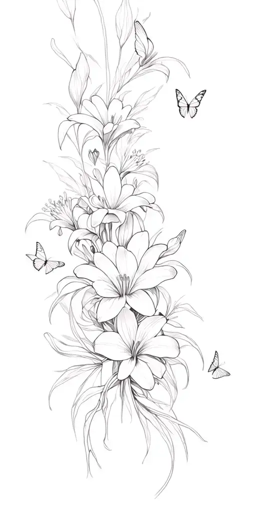 multiple small Spiderlily flowers wrapped around armwith Butterflies surrounded tattoo design idea