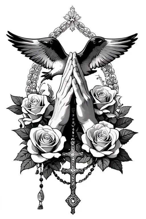 prayer hands praying with roses and cross and rosary beads and swallow tattoo design idea