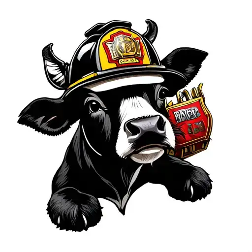 stuffed cow wearing firefighter helmet tattoo design idea