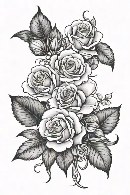Create a tattoo with a rose, 2 sweet pea flowers, and a violet in a bouquet with a small ribbon tying the stems tattoo design idea