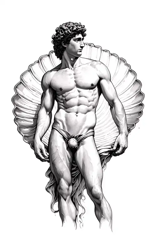 Venus muscular man, naked in a shell tattoo design idea