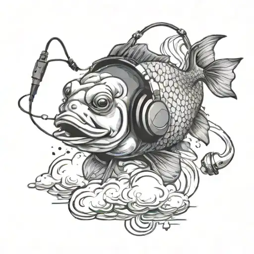 funny fish listening to music with headphones on top of a cloud tattoo design idea