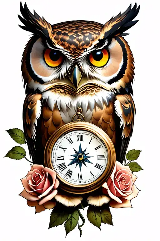 owl clutching clock and compass 2 roses  tattoo design idea