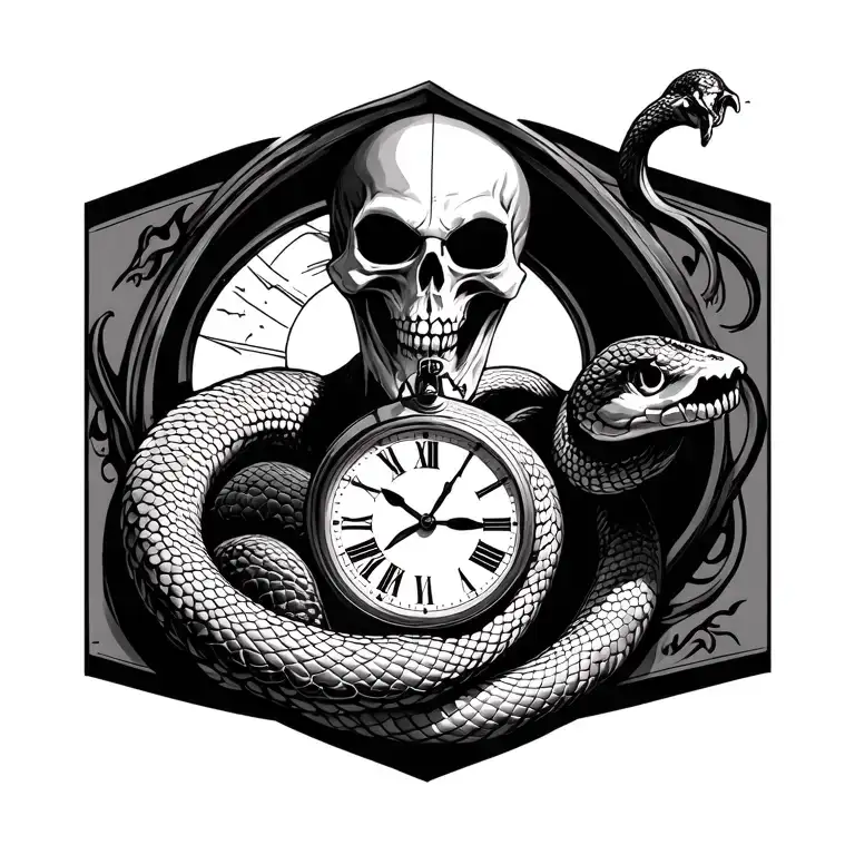 snake, grim reaper, clock inside tattoo design idea