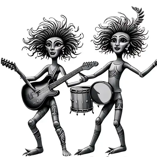 kokopelli dolls dancing, one with crazy hair and a guitar, the other with shorter hair and a drum tattoo design idea
