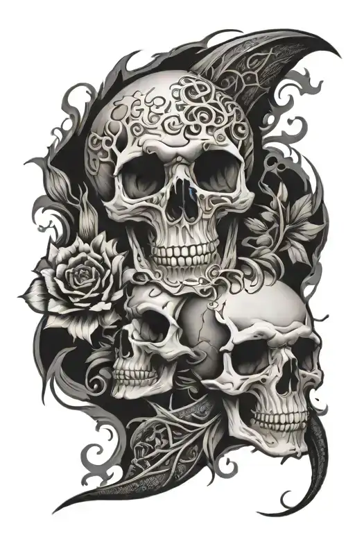 Skull engulfed in flames with dragon and dead flowers  tattoo design idea