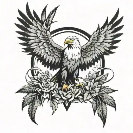 Black and grey tattoo design. A majestic eagle, wings outstretched, perched atop a dense cluster of marijuana plants. Th tattoo design idea