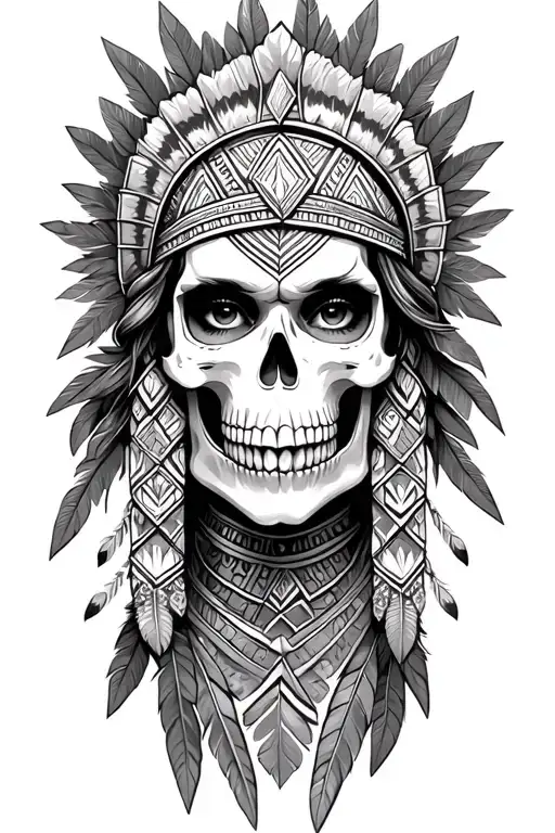 aztec warrior girl, skeletal fierce face, crown skull, geometric patterns feathers , spirituality, afterlife, death tattoo design idea