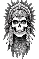 aztec warrior girl, skeletal fierce face, crown skull, geometric patterns feathers , spirituality, afterlife, death tattoo design idea