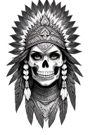 aztec warrior girl, skeletal fierce face, crown skull, geometric patterns feathers , spirituality, afterlife, death tattoo design idea