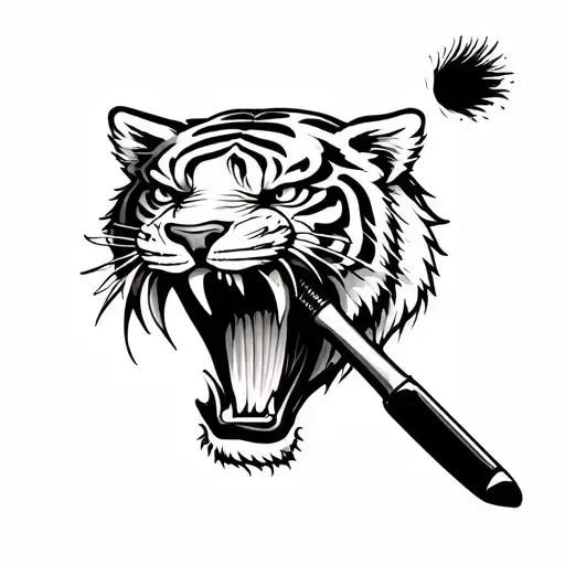 old school japanese style tattoo of tiger head biting on a paint brush tattoo design idea