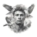 brothers face with halo on top of his head with clouds and doves flying around tattoo design idea