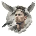 brothers face with halo on top of his head with clouds and doves flying around tattoo design idea