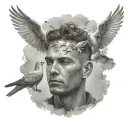 brothers face with halo on top of his head with clouds and doves flying around tattoo design idea