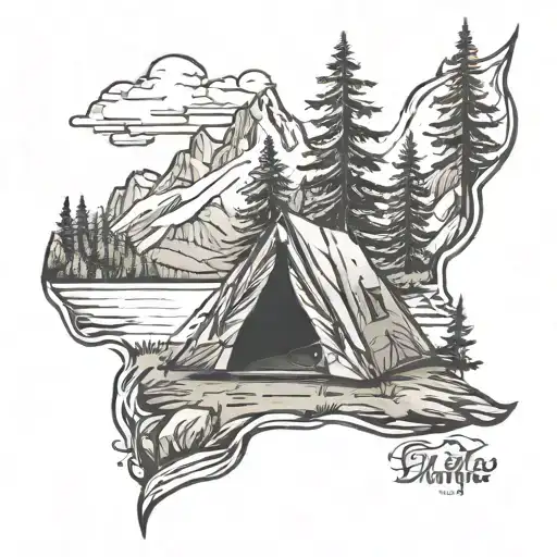 Camping mountains fire tattoo design idea