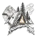 Camping mountains fire tattoo design idea