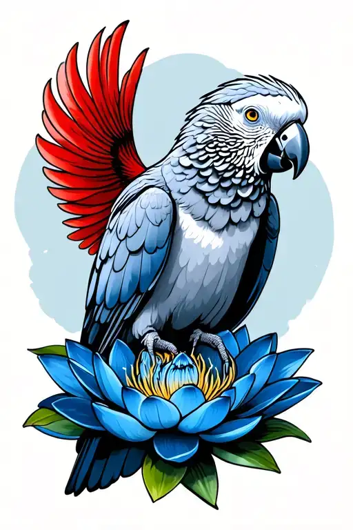 african grey parrot with red tail on blue lotus flower tattoo design idea
