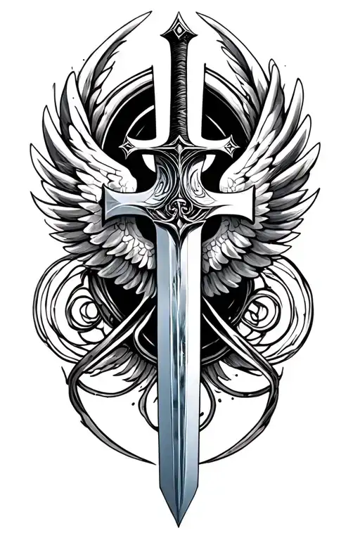 cross tattoo but make the vertical line as a sword and horizontal line a wing and a spiral around the sword  tattoo design idea