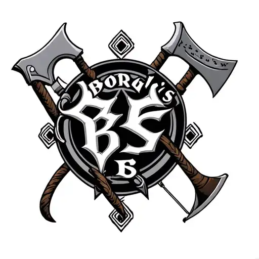 fantasy signet with Borq's BS as name in the signet with axe want and crossbow tattoo design idea