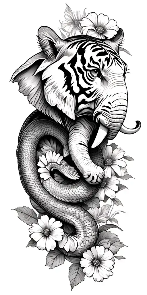 elephant face, tiger side view, snake wrapping through, marigolds, morning glory's, two koi fish, daisies, Om symbol tattoo design idea