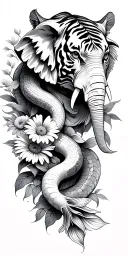 elephant face, tiger side view, snake wrapping through, marigolds, morning glory's, two koi fish, daisies, Om symbol tattoo design idea