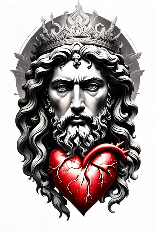 create a tatto image with a whole arm sleeve tatto with this, in the tattoo: gods face and under that the gods heart, co tattoo design idea