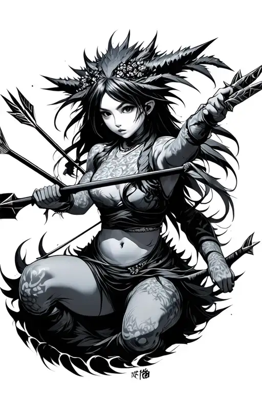 Japan Kaiju girl using bow with three arrows pointing tattoo design idea