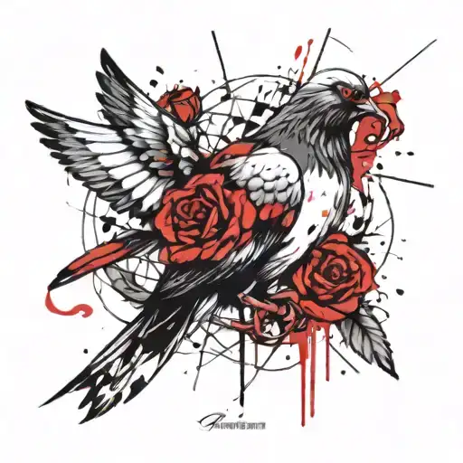 black and white pigeon intertwined with a rose tattoo design idea
