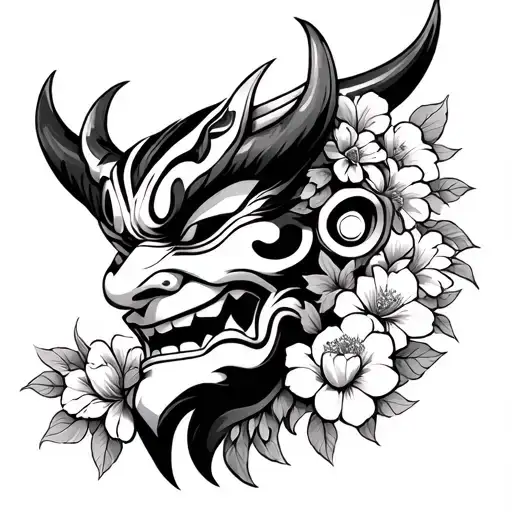 make an Oni mask looking sideways, with flowers around it, in blackwork style tattoo design idea