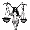 A scary girl in a ripped sexy dress who holds scales with bowls in her hands tattoo design idea