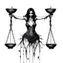 A scary girl in a ripped sexy dress who holds scales with bowls in her hands tattoo design idea
