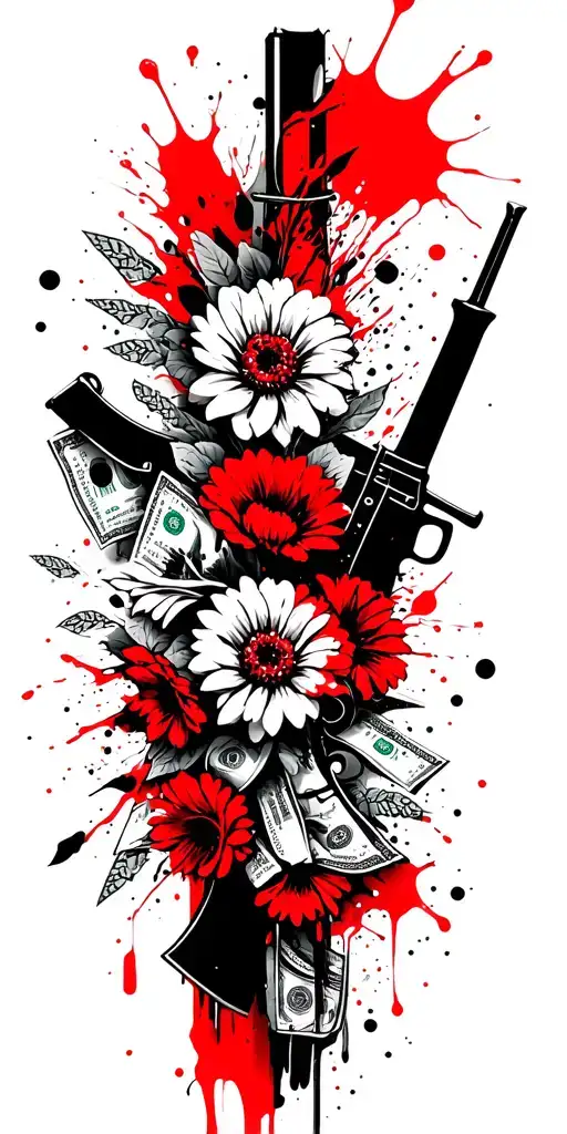 Black cadres flowers and money and weapons tattoo design idea