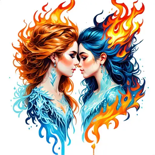 ice and fire female couple tattoo design idea