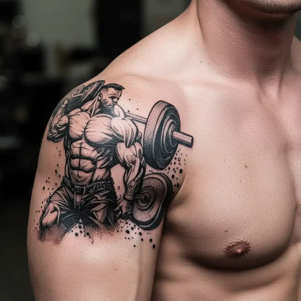 A tattoo design of a muscular figure lifting weights with a shadowy figure behind them, symbolizing the struggle with inner demons while finding solace in the gym tattoo design idea