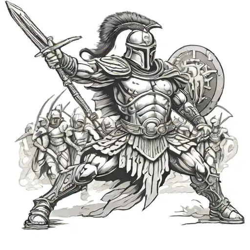 Battle scene depicting a fierce Spartan warrior leading an army tattoo design idea