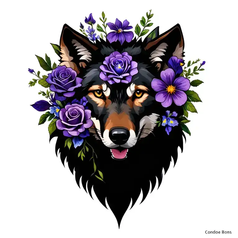 Wolf with violet flower, rose flower, iris flower, rose flower and cosmos flower for shoulder tattoo for man tattoo design idea