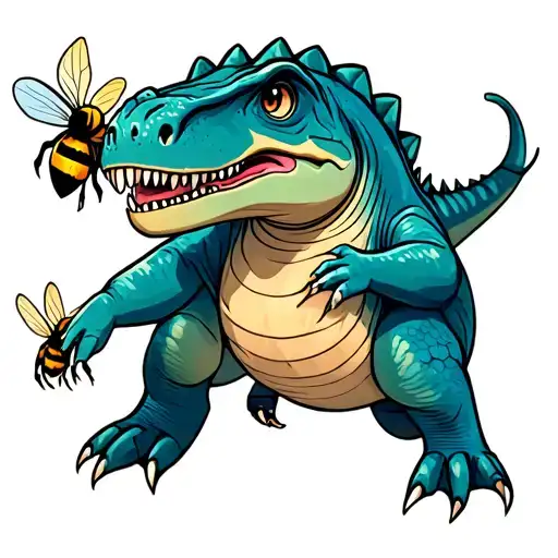 A cute animated t-rex with chasing a bee with a cute butt. Give the dinosaur crab pinchers for arms  tattoo design idea