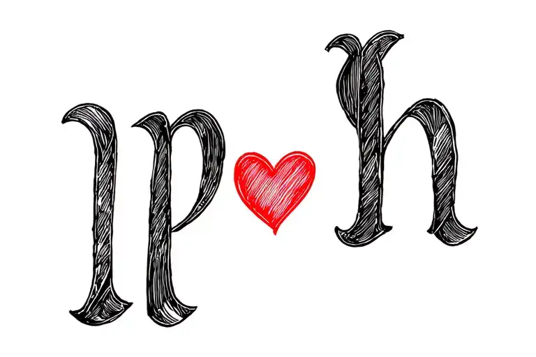 the initials p and h in cursive with a heart between tattoo design idea