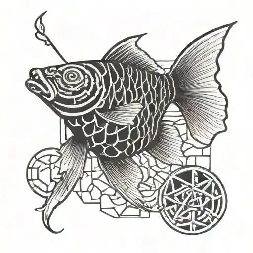 Japanese, coin fish, eternal life intertwined tattoo design idea