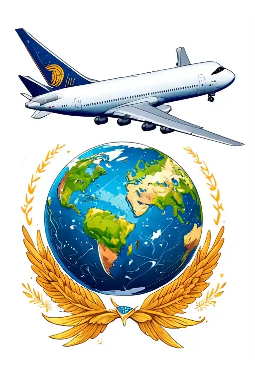 Globe earth pic, 747 plane above the globe, airline cabin crew on the tail tattoo design idea