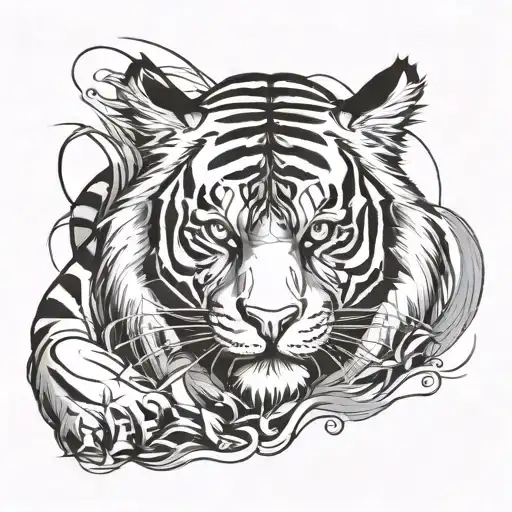 Create a dynamic tattoo design of a tiger in a prowling position, inspired by traditional black ink Japanese-style tatto tattoo design idea