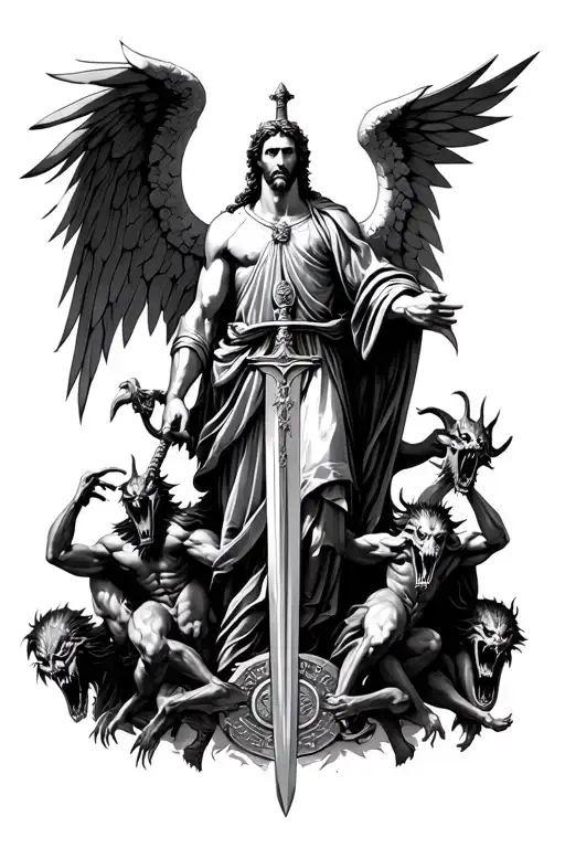 st Michael with a sword, on the bottom of him is demons and on both of his sides you see the demons stacked up tattoo design idea