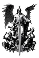 st Michael with a sword, on the bottom of him is demons and on both of his sides you see the demons stacked up tattoo design idea