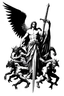 st Michael with a sword, on the bottom of him is demons and on both of his sides you see the demons stacked up tattoo design idea