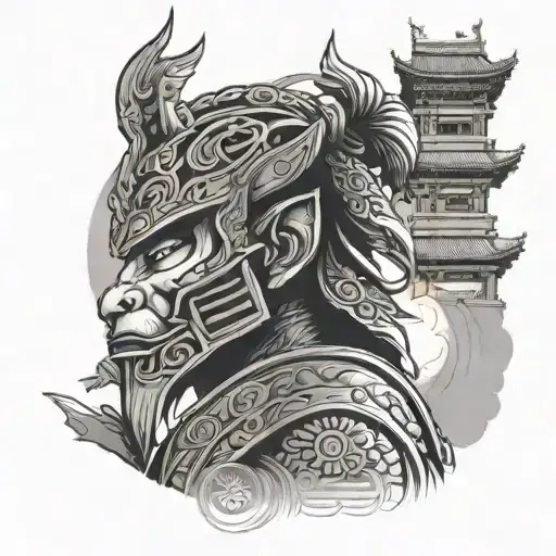 Wukong in serious profile wearing ornate Chinese sacred armor with a Japanese tower in the background and the setting sun tattoo design idea