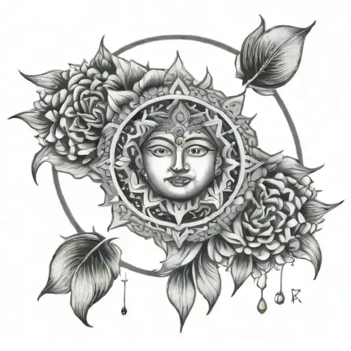 sun mandala with face and a tear  tattoo design idea